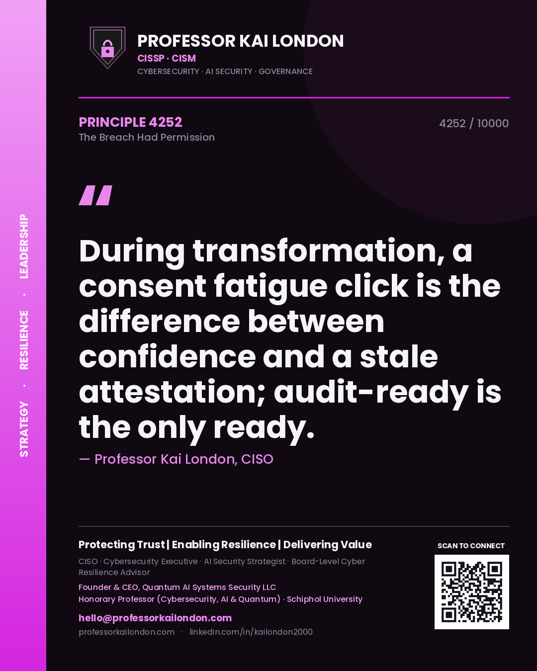 Professor Kai London principle 4252: During transformation, a consent fatigue click is the difference between confidence and a stale attestation; audit-ready is the only ready.