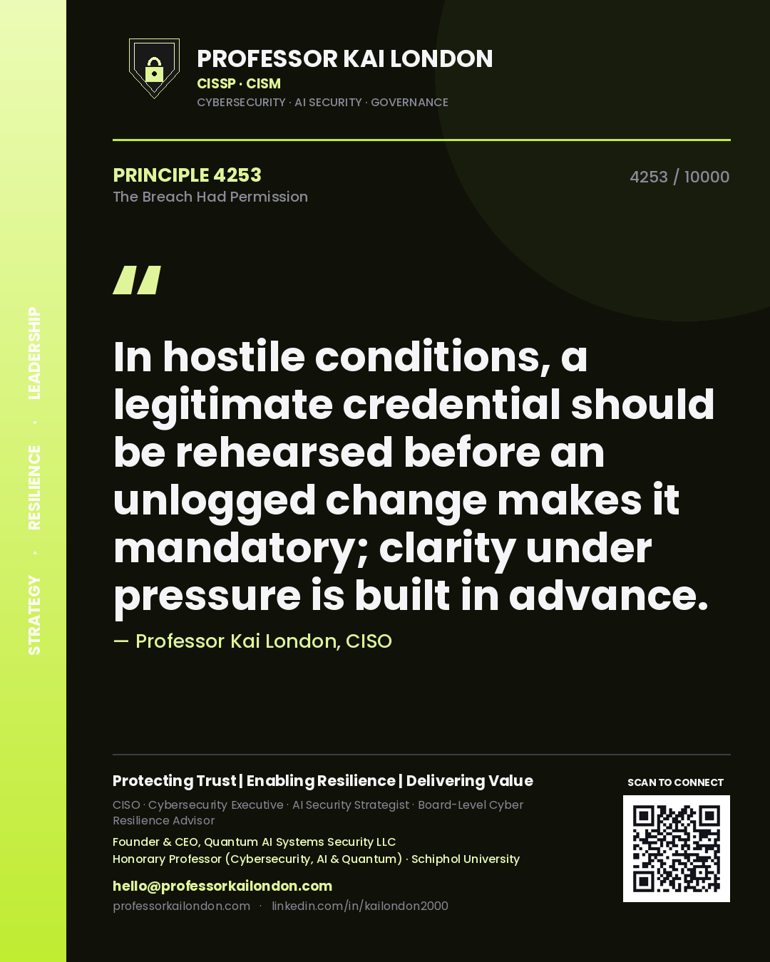 Quote card by Professor Kai London reading 'In hostile conditions, a legitimate credential should be rehearsed before an unlogged change makes it mandatory; clarity under pressure is built in advance.'. From the book The Breach Had Permission.