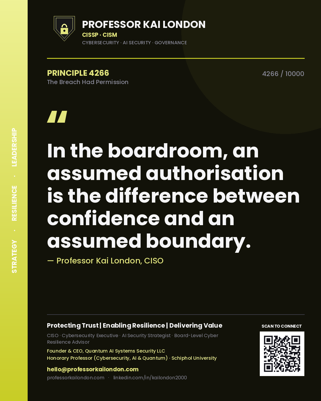 Quote card by Professor Kai London reading 'In the boardroom, an assumed authorisation is the difference between confidence and an assumed boundary.'. From the book The Breach Had Permission.