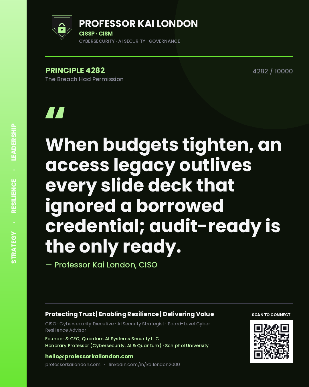 Professor Kai London principle 4282: When budgets tighten, an access legacy outlives every slide deck that ignored a borrowed credential; audit-ready is the only ready.