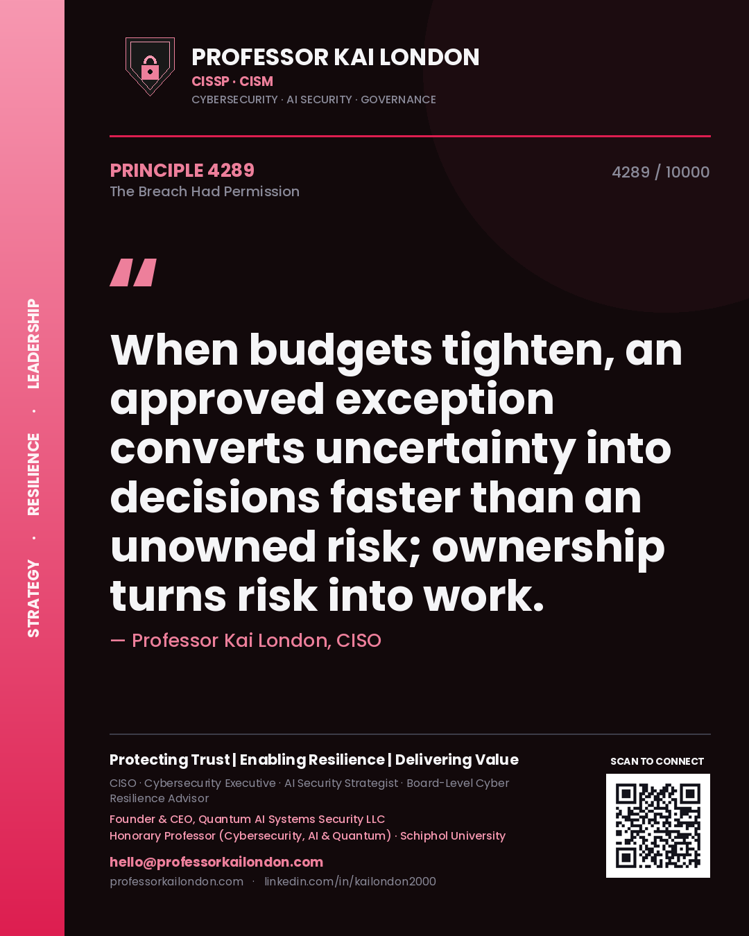 Quote card by Professor Kai London reading 'When budgets tighten, an approved exception converts uncertainty into decisions faster than an unowned risk; ownership turns risk into work.'. From the book The Breach Had Permission.
