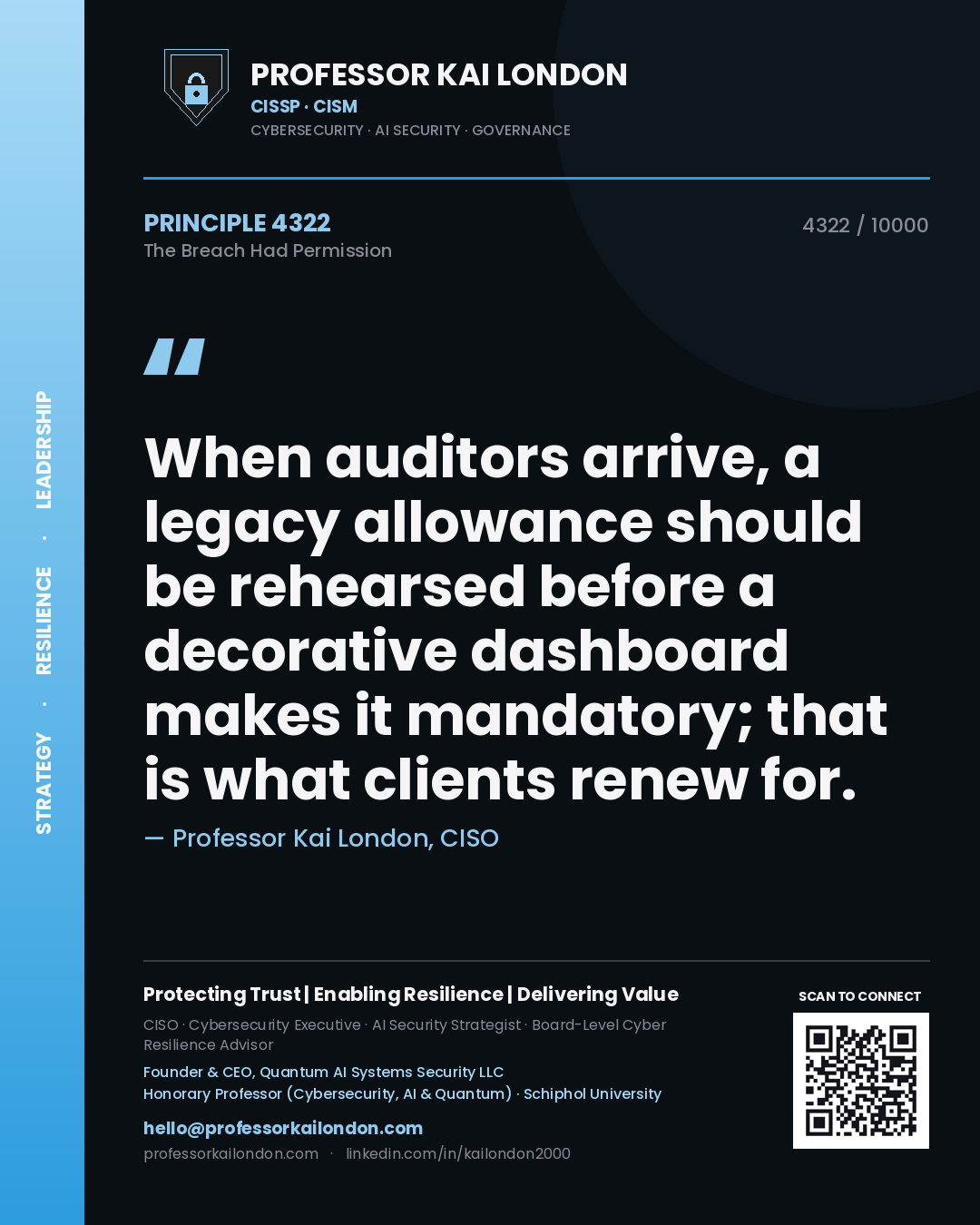Quote card by Professor Kai London reading 'When auditors arrive, a legacy allowance should be rehearsed before a decorative dashboard makes it mandatory; that is what clients renew for.'. From the book The Breach Had Permission.