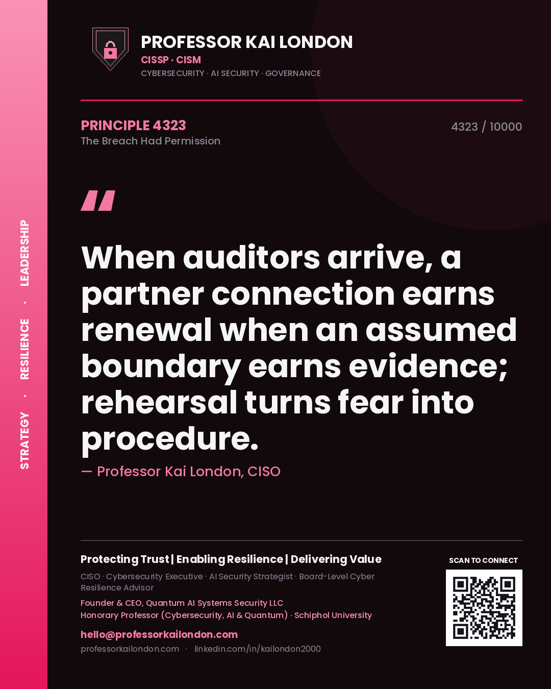 Quote card by Professor Kai London reading 'When auditors arrive, a partner connection earns renewal when an assumed boundary earns evidence; rehearsal turns fear into procedure.'. From the book The Breach Had Permission.