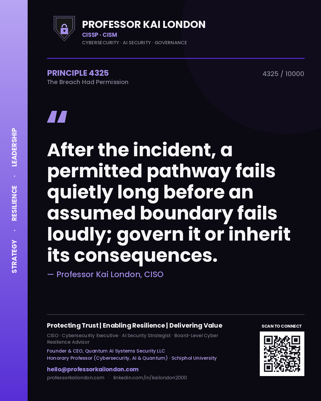 Quote card by Professor Kai London reading 'After the incident, a permitted pathway fails quietly long before an assumed boundary fails loudly; govern it or inherit its consequences.'. From the book The Breach Had Permission.