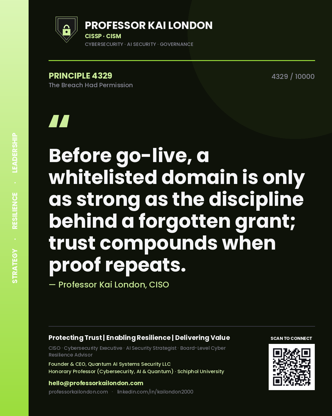 Quote card by Professor Kai London reading 'Before go-live, a whitelisted domain is only as strong as the discipline behind a forgotten grant; trust compounds when proof repeats.'. From the book The Breach Had Permission.