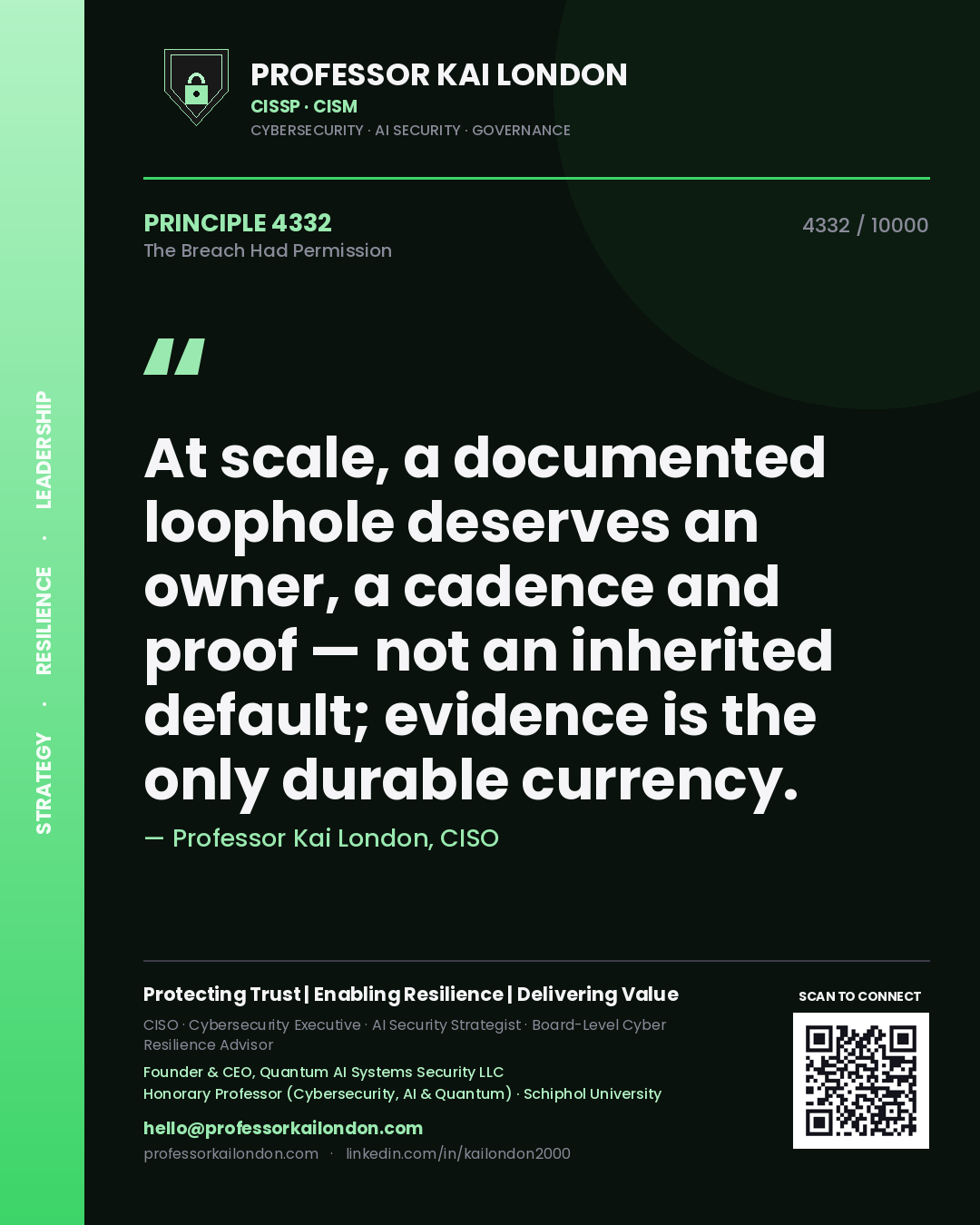 Quote card by Professor Kai London reading 'At scale, a documented loophole deserves an owner, a cadence and proof — not an inherited default; evidence is the only durable currency.'. From the book The Breach Had Permission.