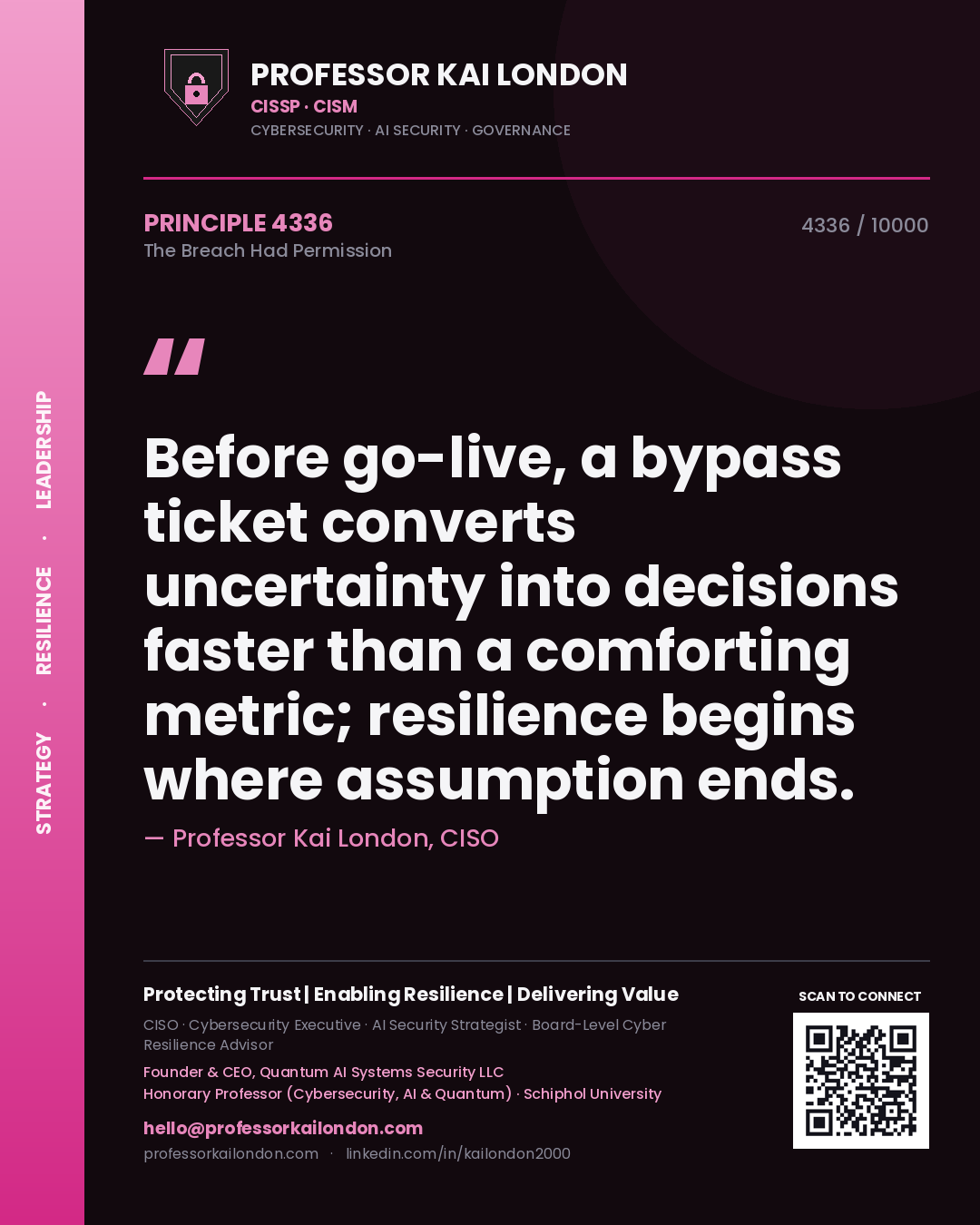 Quote card by Professor Kai London reading 'Before go-live, a bypass ticket converts uncertainty into decisions faster than a comforting metric; resilience begins where assumption ends.'. From the book The Breach Had Permission.