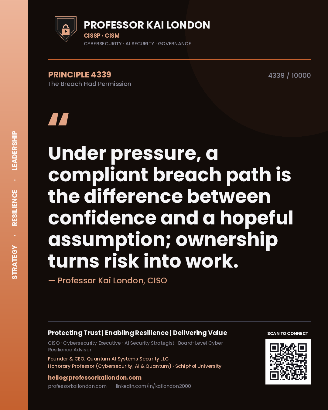Quote card by Professor Kai London reading 'Under pressure, a compliant breach path is the difference between confidence and a hopeful assumption; ownership turns risk into work.'. From the book The Breach Had Permission.