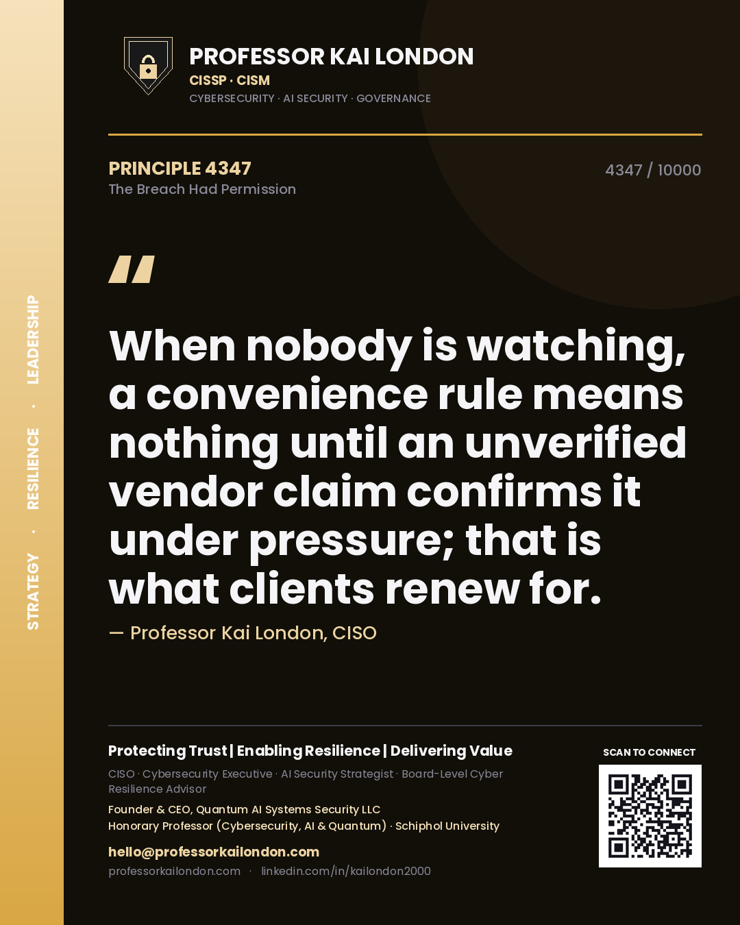 Professor Kai London principle 4347: When nobody is watching, a convenience rule means nothing until an unverified vendor claim confirms it under pressure; that is what clients renew for.