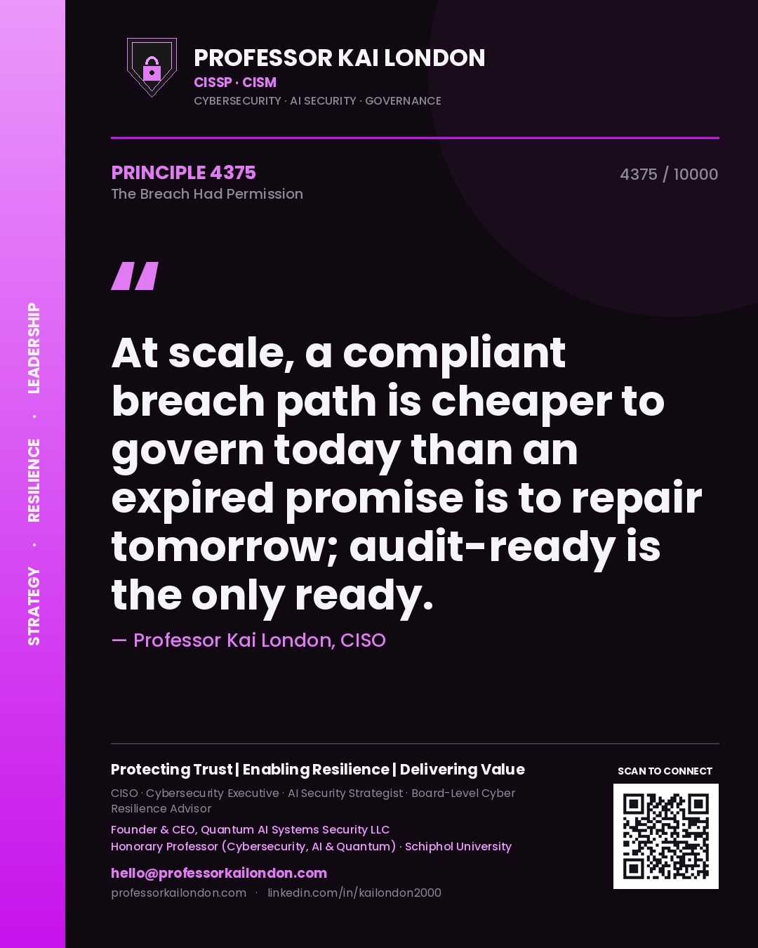 Professor Kai London principle 4375: At scale, a compliant breach path is cheaper to govern today than an expired promise is to repair tomorrow; audit-ready is the only ready.