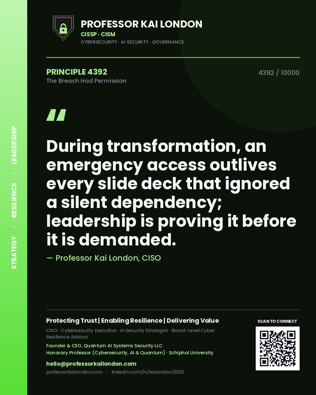Quote card by Professor Kai London reading 'During transformation, an emergency access outlives every slide deck that ignored a silent dependency; leadership is proving it before it is demanded.'. From the book The Breach Had Permission.