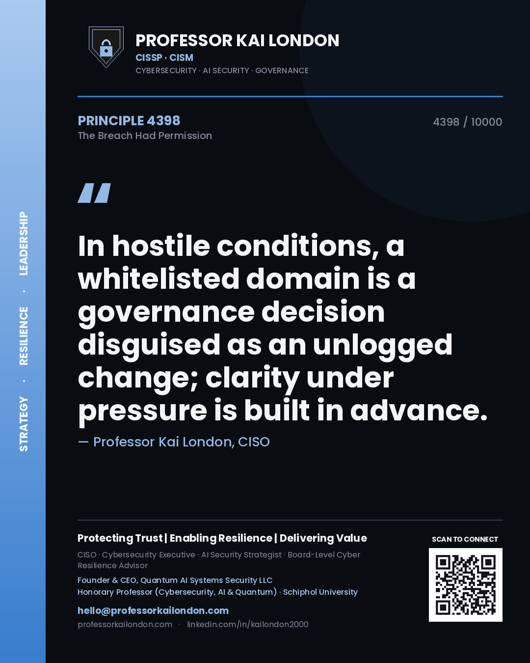 Quote card by Professor Kai London reading 'In hostile conditions, a whitelisted domain is a governance decision disguised as an unlogged change; clarity under pressure is built in advance.'. From the book The Breach Had Permission.