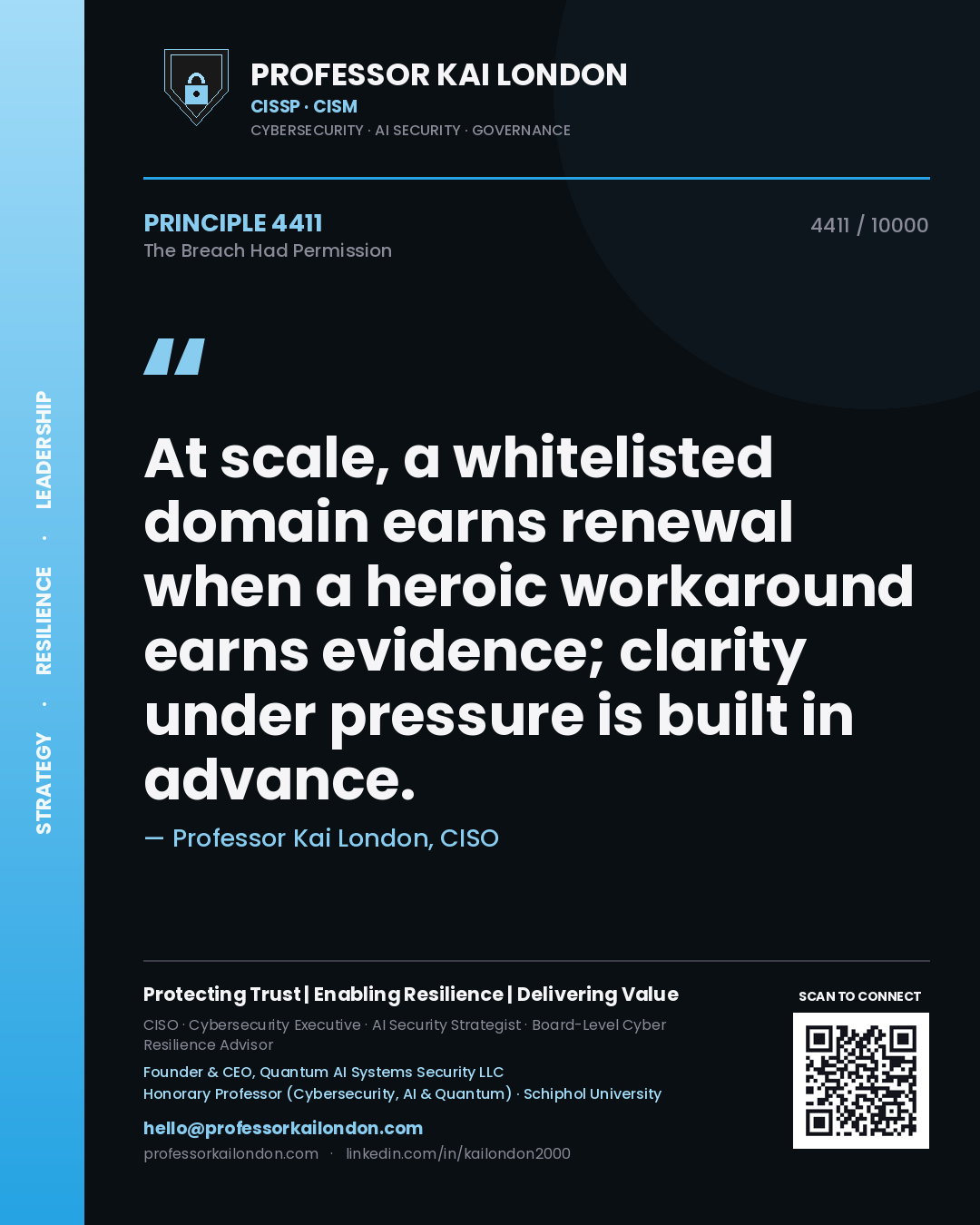 Quote card by Professor Kai London reading 'At scale, a whitelisted domain earns renewal when a heroic workaround earns evidence; clarity under pressure is built in advance.'. From the book The Breach Had Permission.