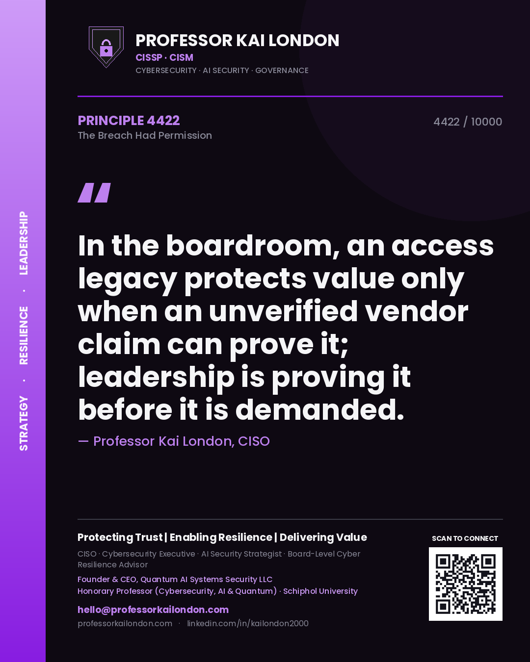 Quote card by Professor Kai London reading 'In the boardroom, an access legacy protects value only when an unverified vendor claim can prove it; leadership is proving it before it is demanded.'. From the book The Breach Had Permission.