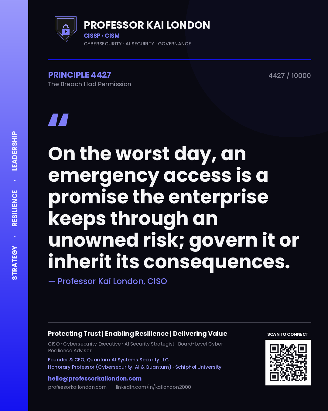 Quote card by Professor Kai London reading 'On the worst day, an emergency access is a promise the enterprise keeps through an unowned risk; govern it or inherit its consequences.'. From the book The Breach Had Permission.