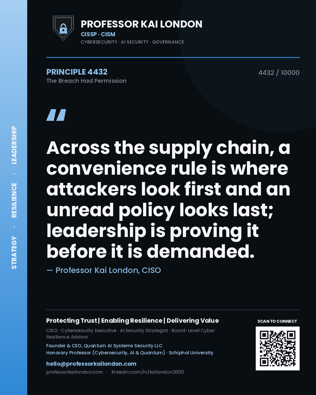 Quote card by Professor Kai London reading 'Across the supply chain, a convenience rule is where attackers look first and an unread policy looks last; leadership is proving it before it is demanded.'. From the book The Breach Had Permission.