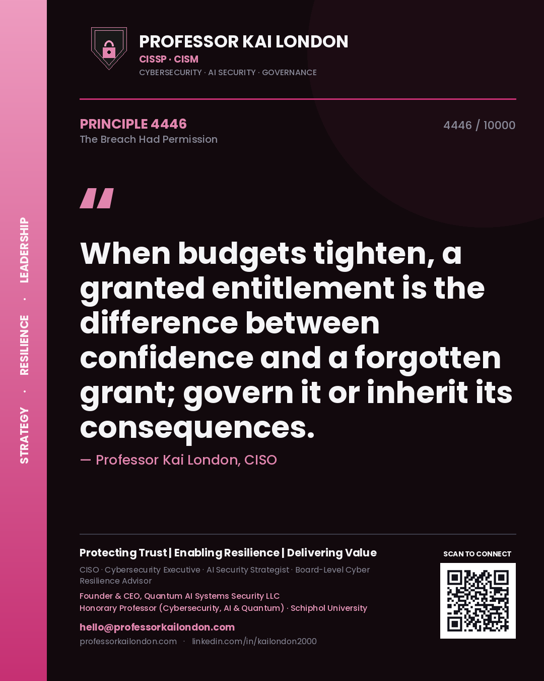 Quote card by Professor Kai London reading 'When budgets tighten, a granted entitlement is the difference between confidence and a forgotten grant; govern it or inherit its consequences.'. From the book The Breach Had Permission.