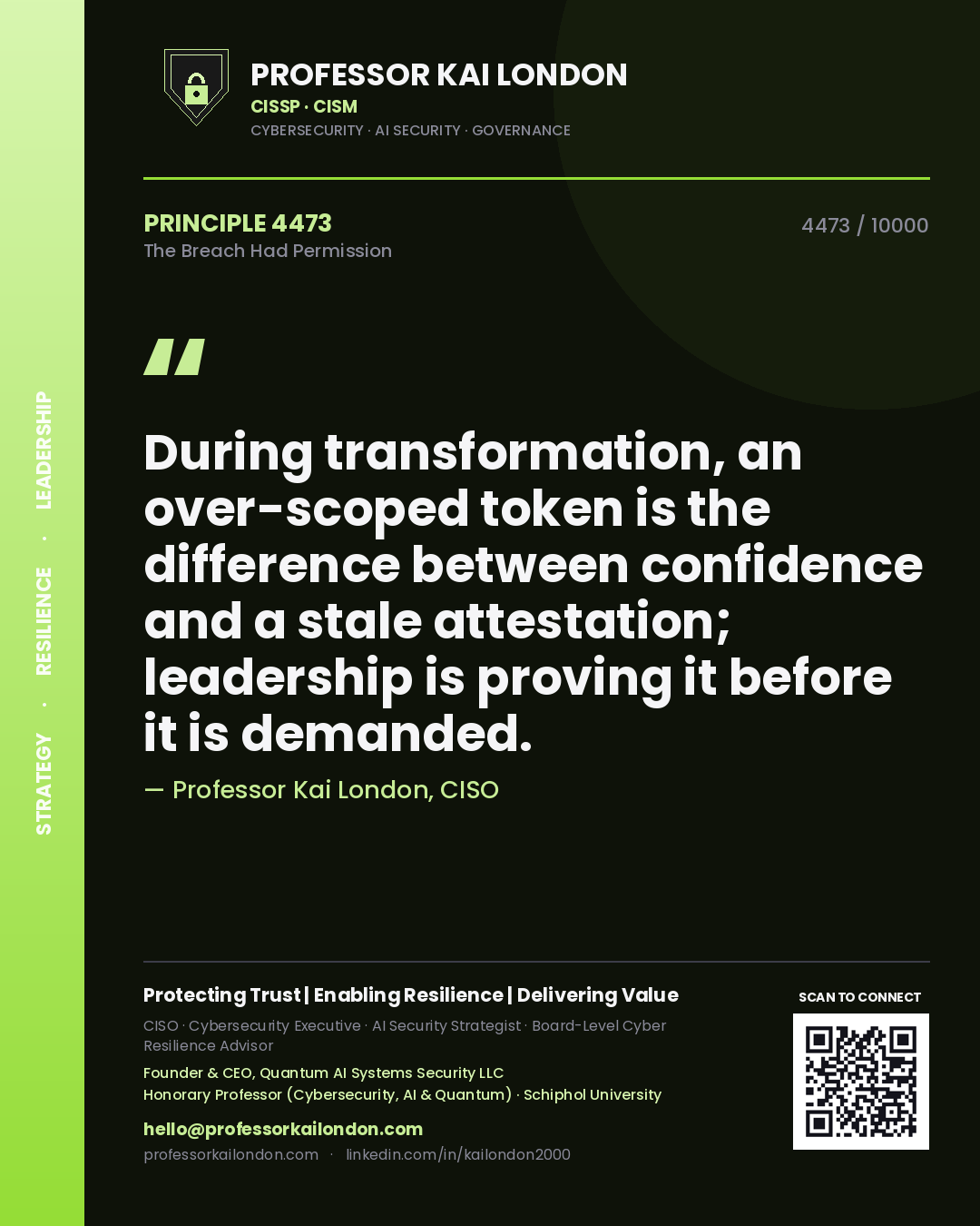Professor Kai London principle 4473: During transformation, an over-scoped token is the difference between confidence and a stale attestation; leadership is proving it before it is demanded.
