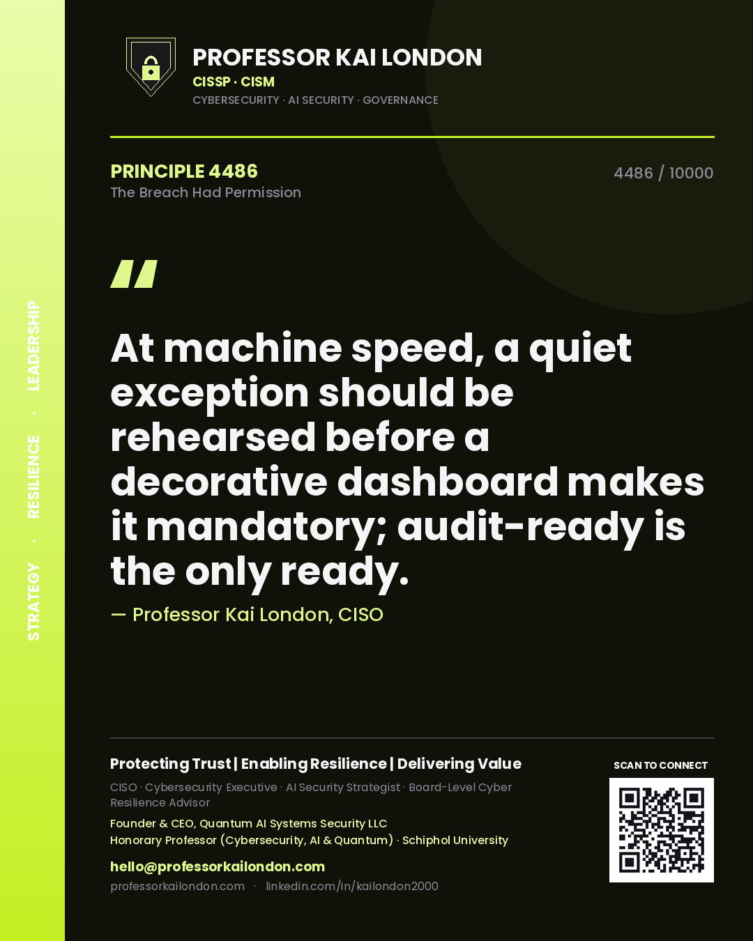 Quote card by Professor Kai London reading 'At machine speed, a quiet exception should be rehearsed before a decorative dashboard makes it mandatory; audit-ready is the only ready.'. From the book The Breach Had Permission.