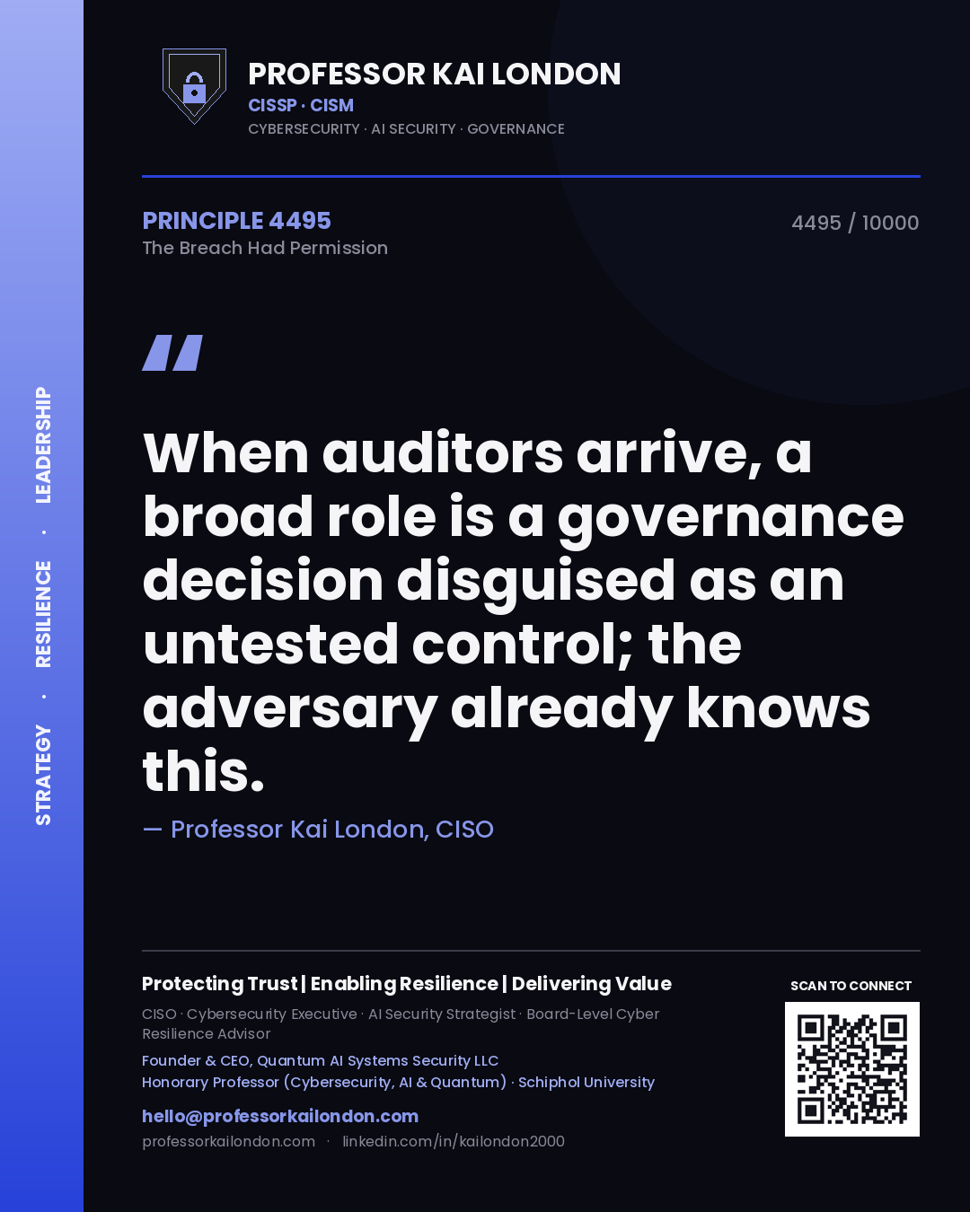 Quote card by Professor Kai London reading 'When auditors arrive, a broad role is a governance decision disguised as an untested control; the adversary already knows this.'. From the book The Breach Had Permission.