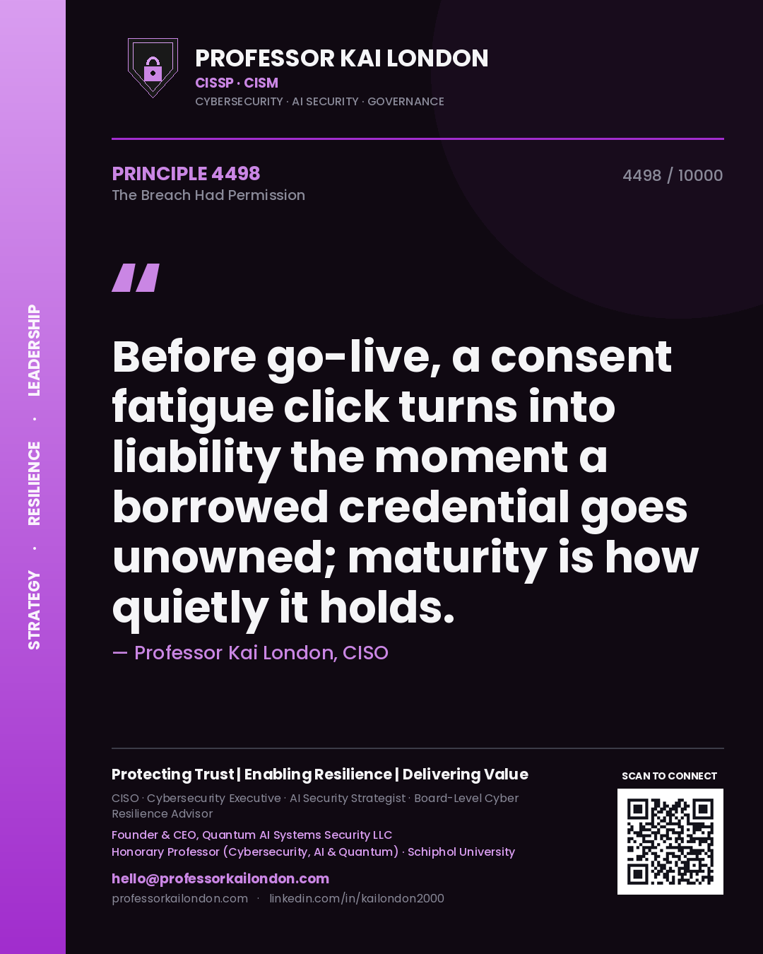 Quote card by Professor Kai London reading 'Before go-live, a consent fatigue click turns into liability the moment a borrowed credential goes unowned; maturity is how quietly it holds.'. From the book The Breach Had Permission.