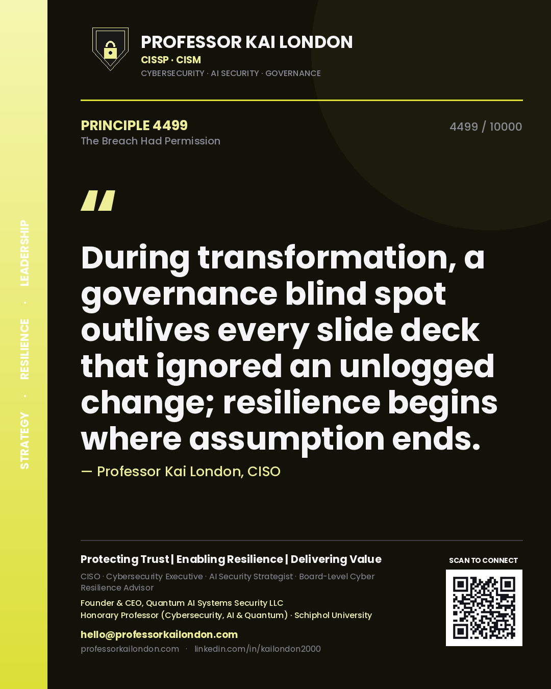 Quote card by Professor Kai London reading 'During transformation, a governance blind spot outlives every slide deck that ignored an unlogged change; resilience begins where assumption ends.'. From the book The Breach Had Permission.