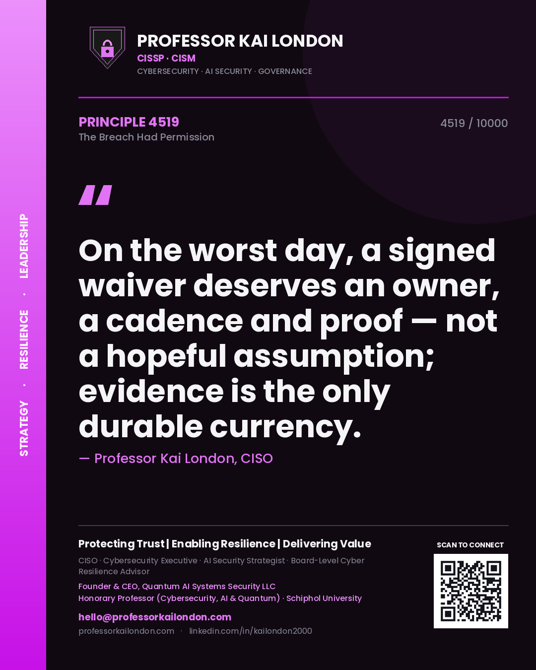 Quote card by Professor Kai London reading 'On the worst day, a signed waiver deserves an owner, a cadence and proof — not a hopeful assumption; evidence is the only durable currency.'. From the book The Breach Had Permission.