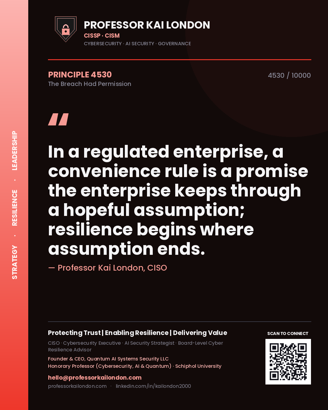 Quote card by Professor Kai London reading 'In a regulated enterprise, a convenience rule is a promise the enterprise keeps through a hopeful assumption; resilience begins where assumption ends.'. From the book The Breach Had Permission.