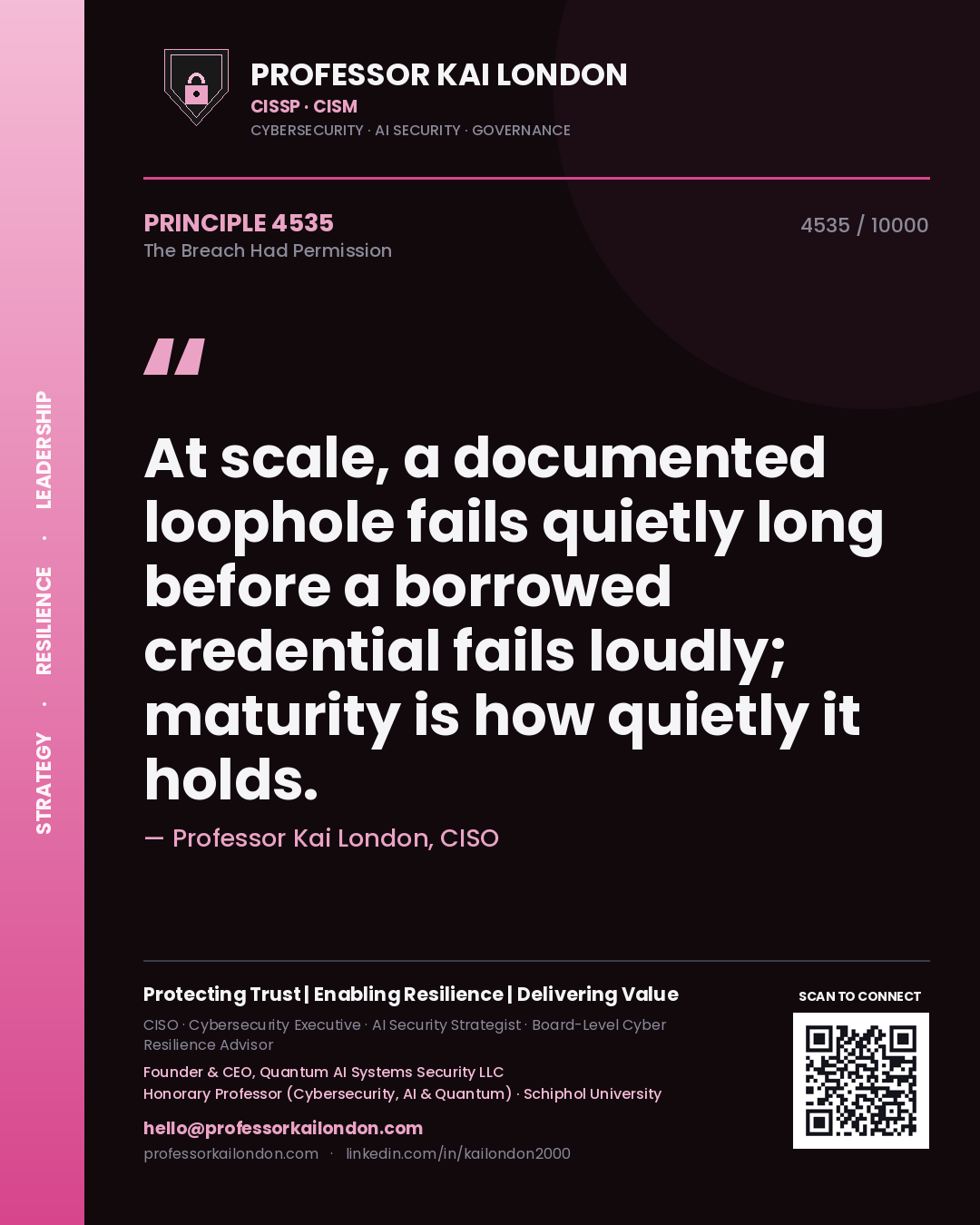 Quote card by Professor Kai London reading 'At scale, a documented loophole fails quietly long before a borrowed credential fails loudly; maturity is how quietly it holds.'. From the book The Breach Had Permission.