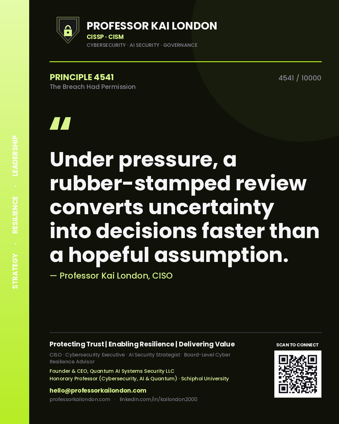 Quote card by Professor Kai London reading 'Under pressure, a rubber-stamped review converts uncertainty into decisions faster than a hopeful assumption.'. From the book The Breach Had Permission.