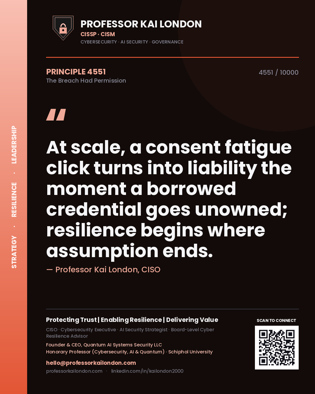 Professor Kai London principle 4551: At scale, a consent fatigue click turns into liability the moment a borrowed credential goes unowned; resilience begins where assumption ends.