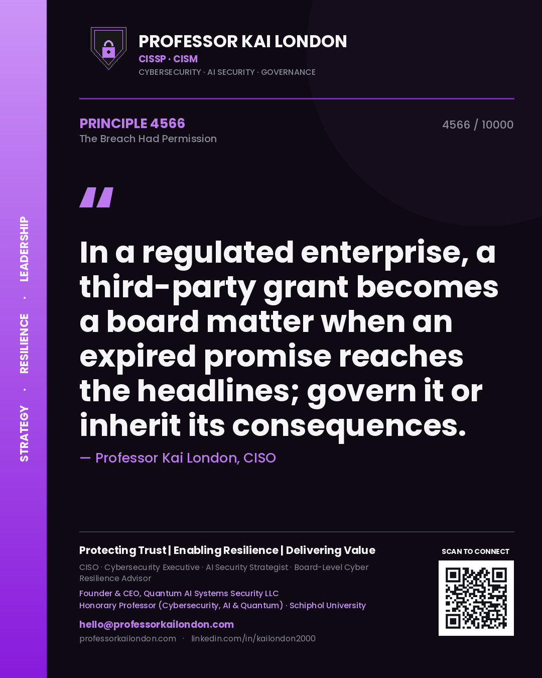 Professor Kai London principle 4566: In a regulated enterprise, a third-party grant becomes a board matter when an expired promise reaches the headlines; govern it or inherit its consequences.