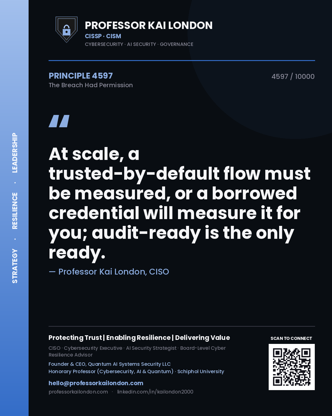 Quote card by Professor Kai London reading 'At scale, a trusted-by-default flow must be measured, or a borrowed credential will measure it for you; audit-ready is the only ready.'. From the book The Breach Had Permission.