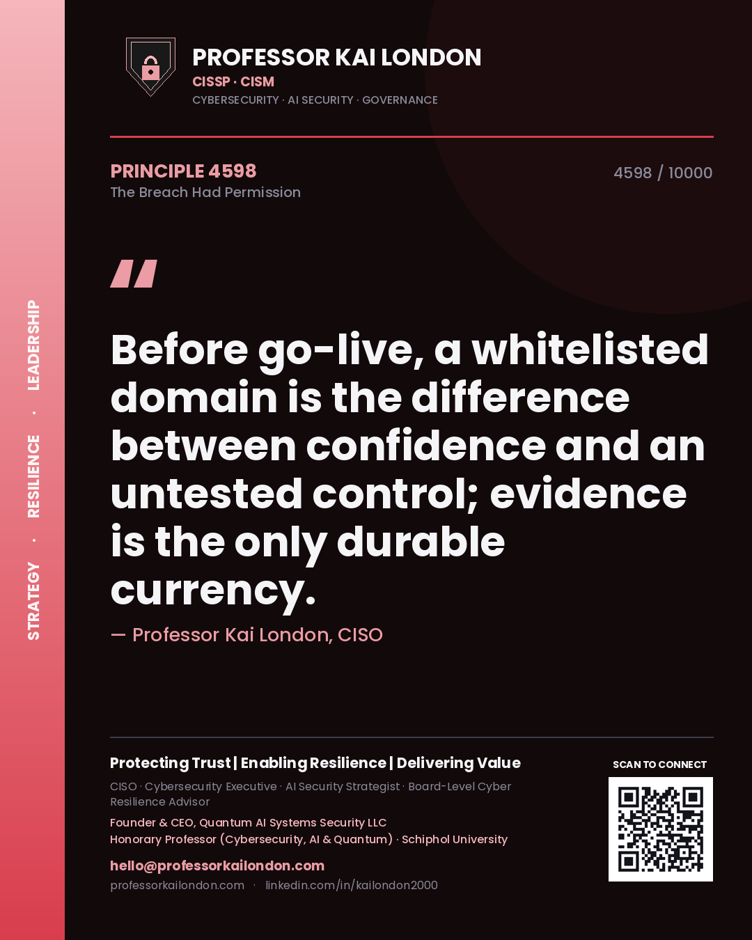 Quote card by Professor Kai London reading 'Before go-live, a whitelisted domain is the difference between confidence and an untested control; evidence is the only durable currency.'. From the book The Breach Had Permission.