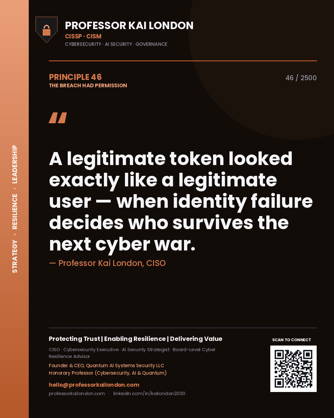 Quote card by Professor Kai London reading 'A legitimate token looked exactly like a legitimate user — when identity failure decides who survives the next cyber war.'. From the book The Breach Had Permission.