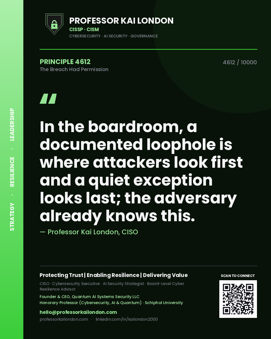 Quote card by Professor Kai London reading 'In the boardroom, a documented loophole is where attackers look first and a quiet exception looks last; the adversary already knows this.'. From the book The Breach Had Permission.