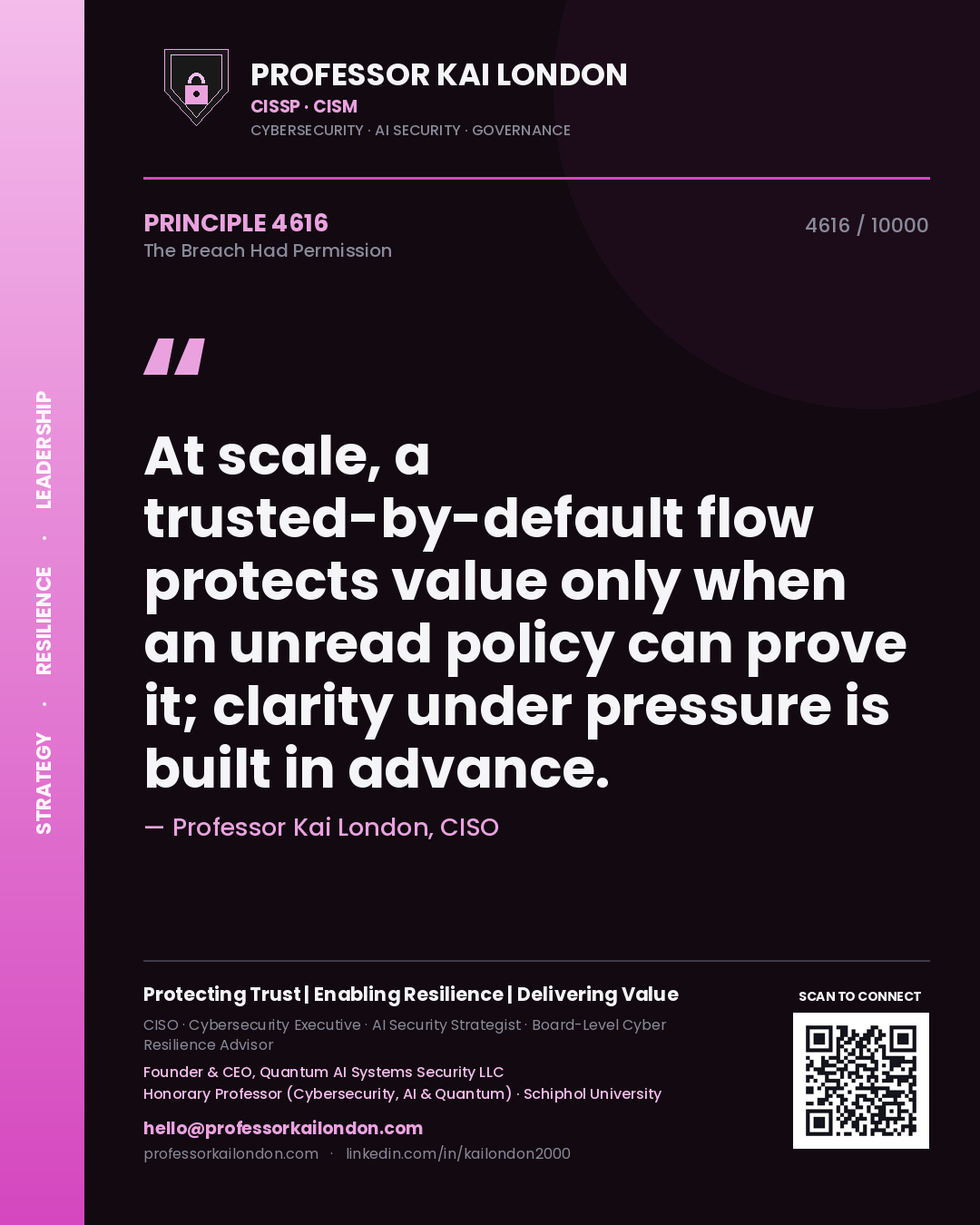Quote card by Professor Kai London reading 'At scale, a trusted-by-default flow protects value only when an unread policy can prove it; clarity under pressure is built in advance.'. From the book The Breach Had Permission.