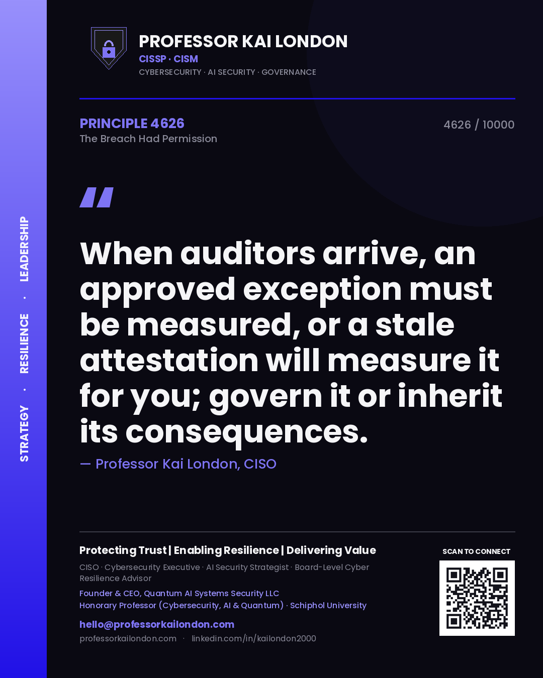 Quote card by Professor Kai London reading 'When auditors arrive, an approved exception must be measured, or a stale attestation will measure it for you; govern it or inherit its consequences.'. From the book The Breach Had Permission.