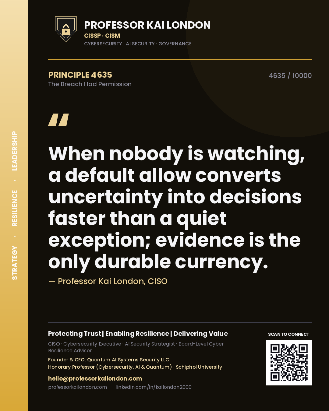 Quote card by Professor Kai London reading 'When nobody is watching, a default allow converts uncertainty into decisions faster than a quiet exception; evidence is the only durable currency.'. From the book The Breach Had Permission.