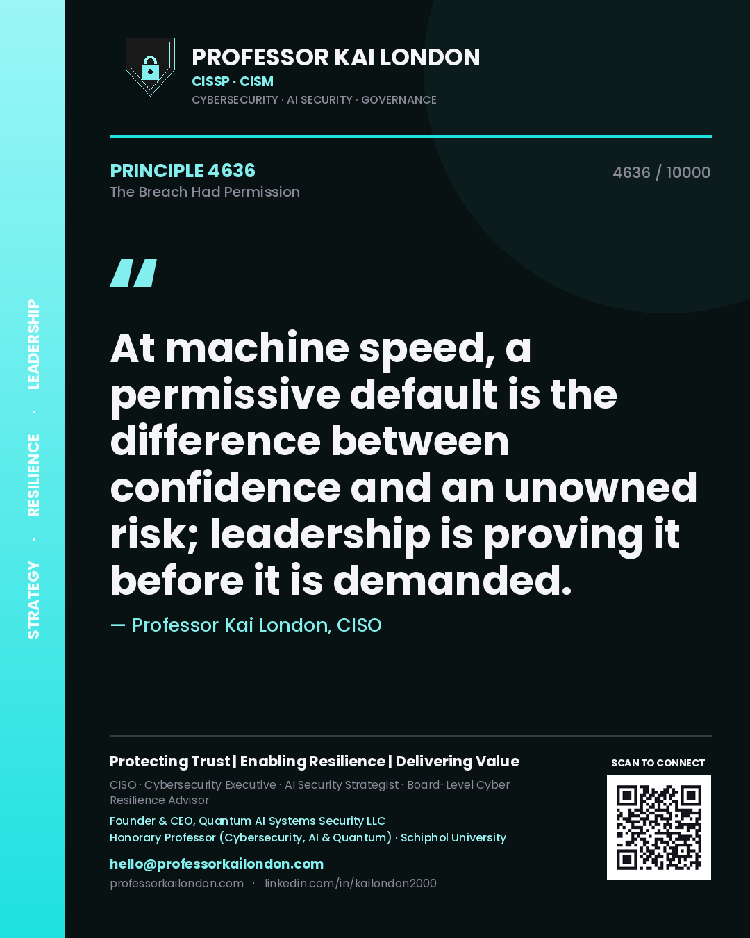 Quote card by Professor Kai London reading 'At machine speed, a permissive default is the difference between confidence and an unowned risk; leadership is proving it before it is demanded.'. From the book The Breach Had Permission.