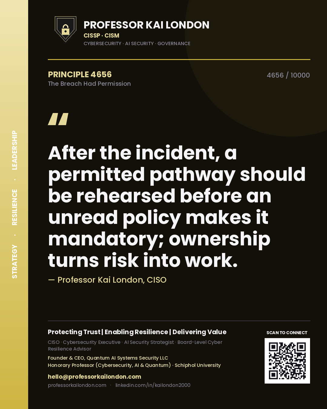Quote card by Professor Kai London reading 'After the incident, a permitted pathway should be rehearsed before an unread policy makes it mandatory; ownership turns risk into work.'. From the book The Breach Had Permission.