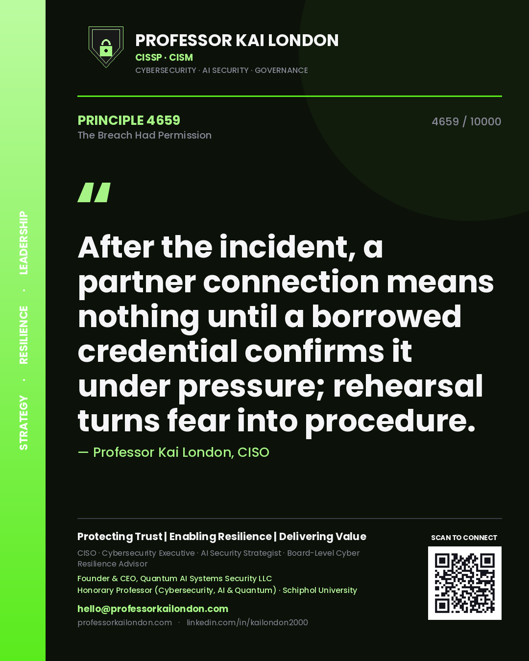 Quote card by Professor Kai London reading 'After the incident, a partner connection means nothing until a borrowed credential confirms it under pressure; rehearsal turns fear into procedure.'. From the book The Breach Had Permission.