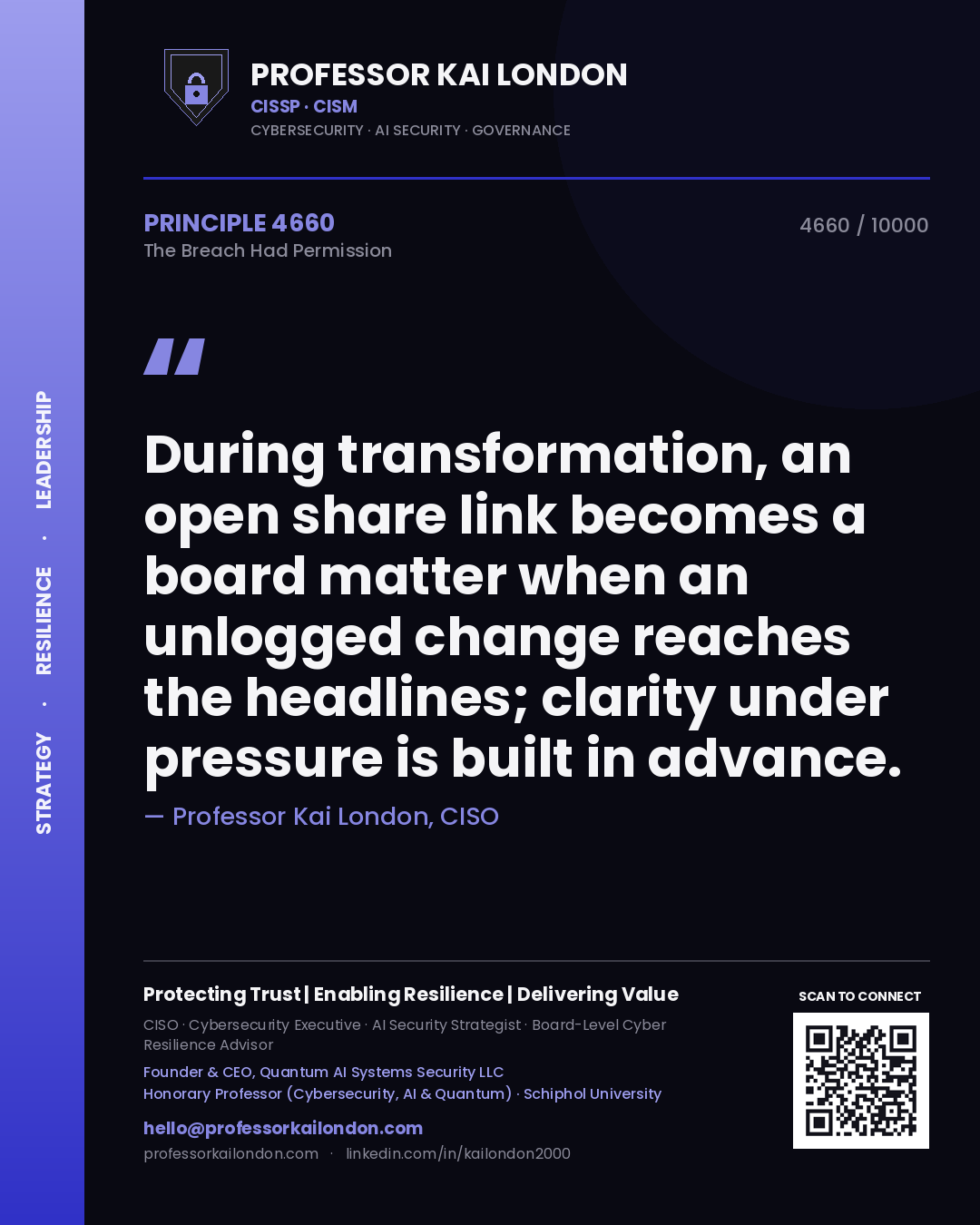 Quote card by Professor Kai London reading 'During transformation, an open share link becomes a board matter when an unlogged change reaches the headlines; clarity under pressure is built in advance.'. From the book The Breach Had Permission.