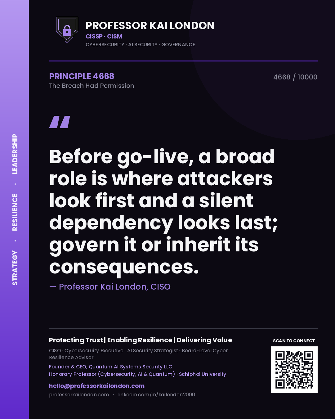 Quote card by Professor Kai London reading 'Before go-live, a broad role is where attackers look first and a silent dependency looks last; govern it or inherit its consequences.'. From the book The Breach Had Permission.