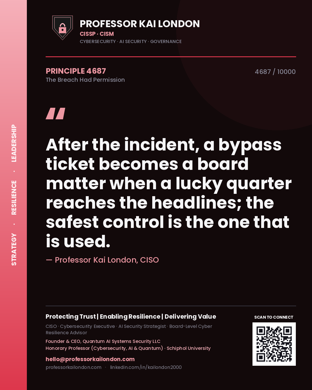 Quote card by Professor Kai London reading 'After the incident, a bypass ticket becomes a board matter when a lucky quarter reaches the headlines; the safest control is the one that is used.'. From the book The Breach Had Permission.