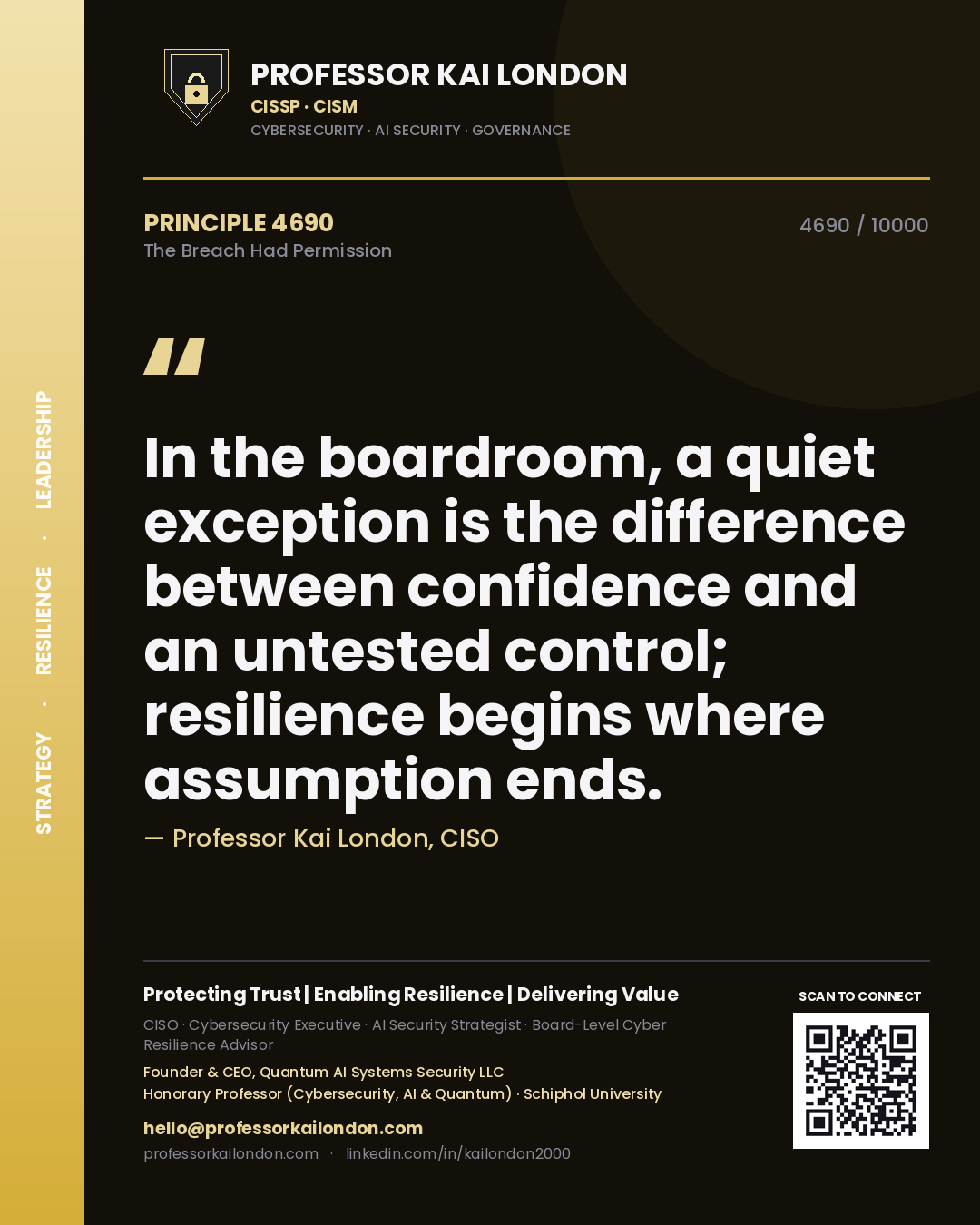 Quote card by Professor Kai London reading 'In the boardroom, a quiet exception is the difference between confidence and an untested control; resilience begins where assumption ends.'. From the book The Breach Had Permission.