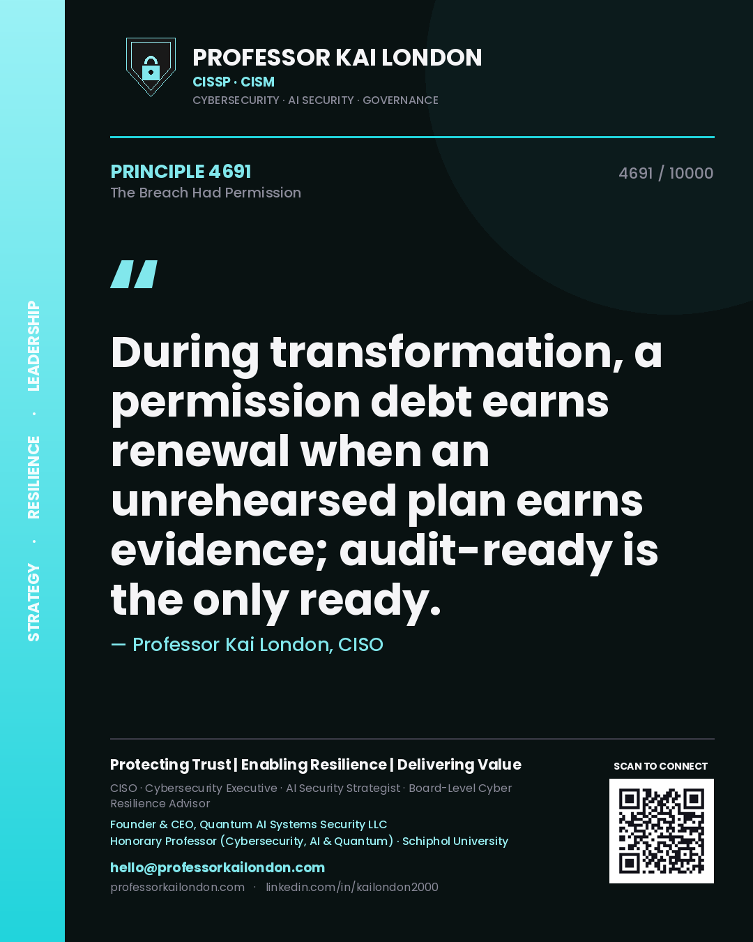 Quote card by Professor Kai London reading 'During transformation, a permission debt earns renewal when an unrehearsed plan earns evidence; audit-ready is the only ready.'. From the book The Breach Had Permission.