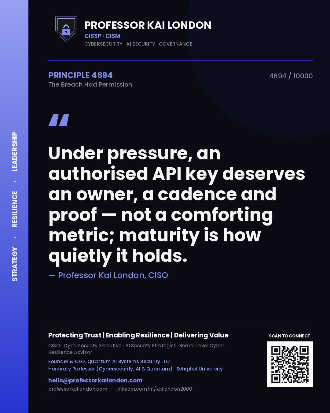 Quote card by Professor Kai London reading 'Under pressure, an authorised API key deserves an owner, a cadence and proof — not a comforting metric; maturity is how quietly it holds.'. From the book The Breach Had Permission.