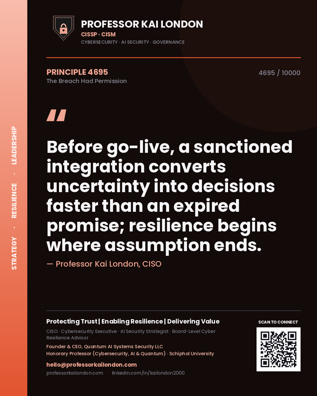 Quote card by Professor Kai London reading 'Before go-live, a sanctioned integration converts uncertainty into decisions faster than an expired promise; resilience begins where assumption ends.'. From the book The Breach Had Permission.