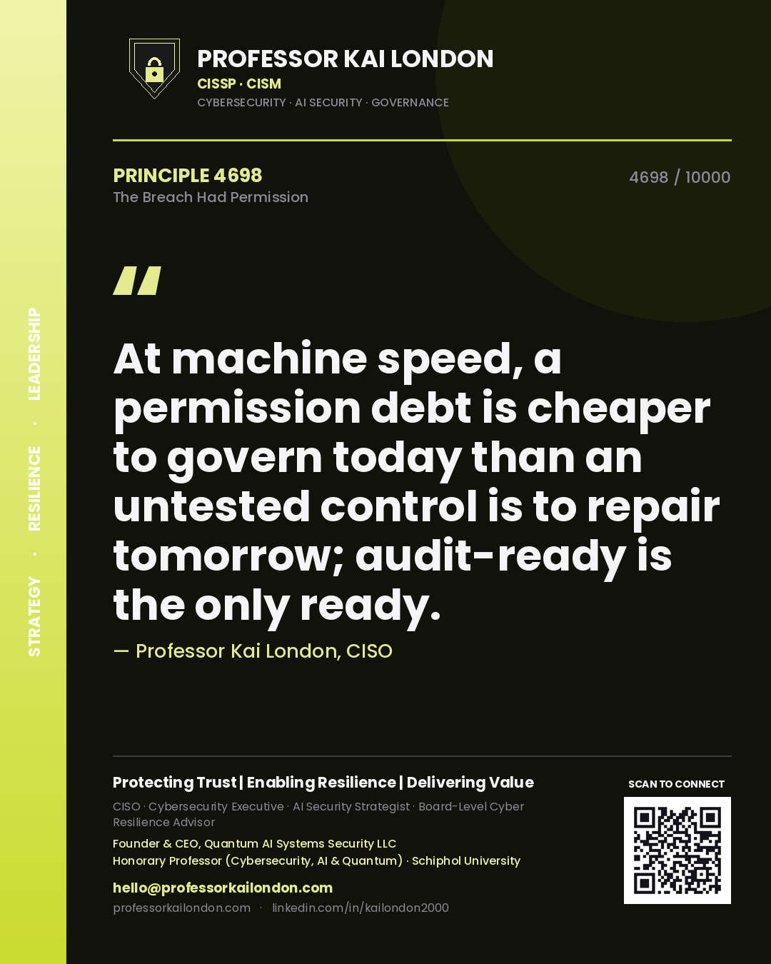 Quote card by Professor Kai London reading 'At machine speed, a permission debt is cheaper to govern today than an untested control is to repair tomorrow; audit-ready is the only ready.'. From the book The Breach Had Permission.